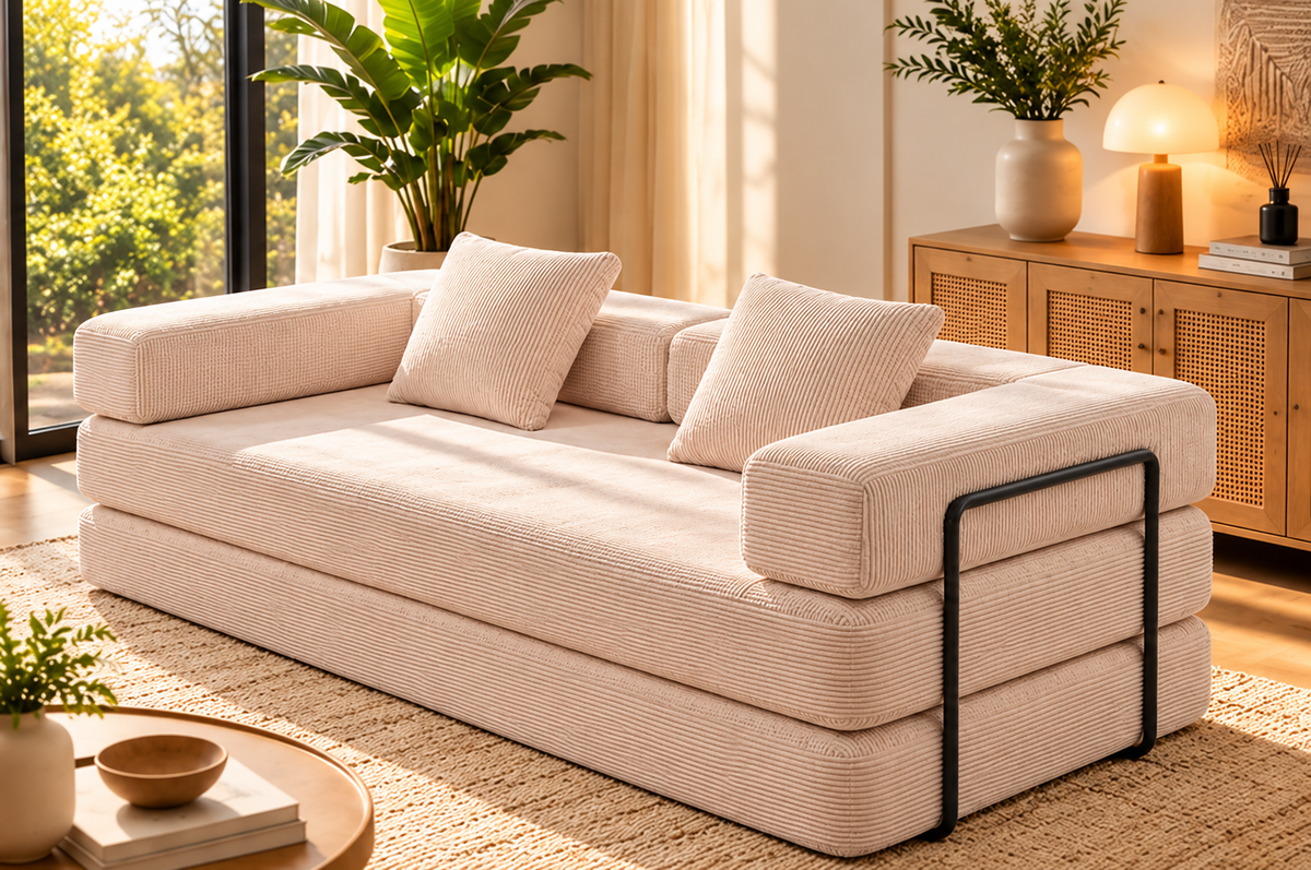 Ivory corduroy sofa bed for a small living room