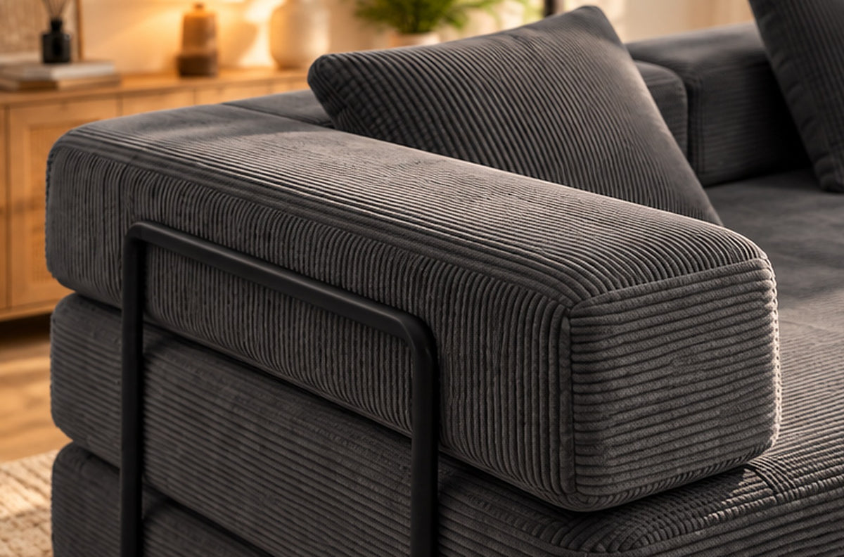 Close-up of the corduroy armrest — Charcoal Grey