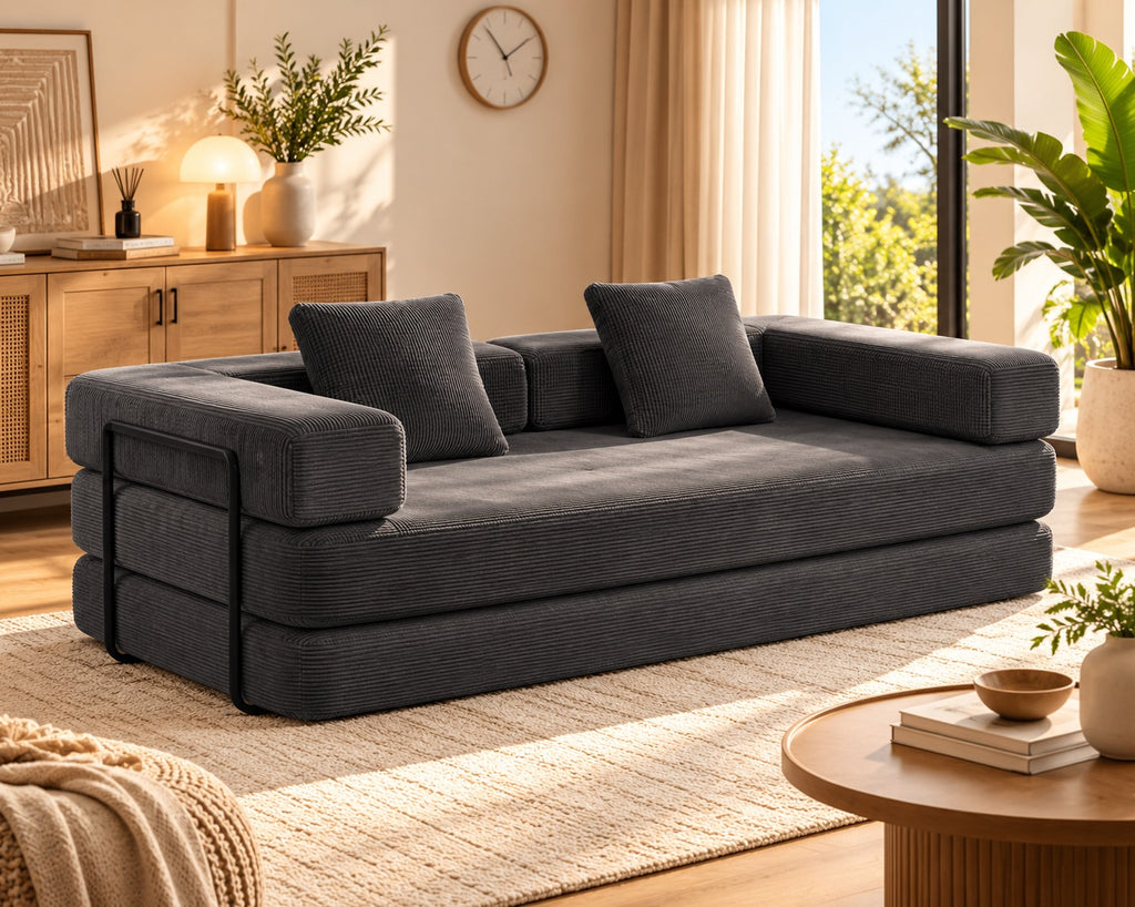 The Comfy 4-in-1 sofa bed in a bright living room — Charcoal Grey
